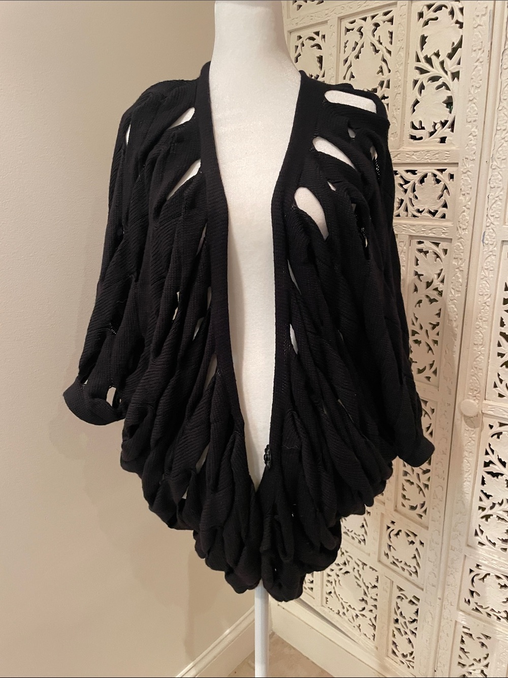 Vintage Pier Antonio Gaspari Black Open-Weave Draped Women's Cardigan Sweater